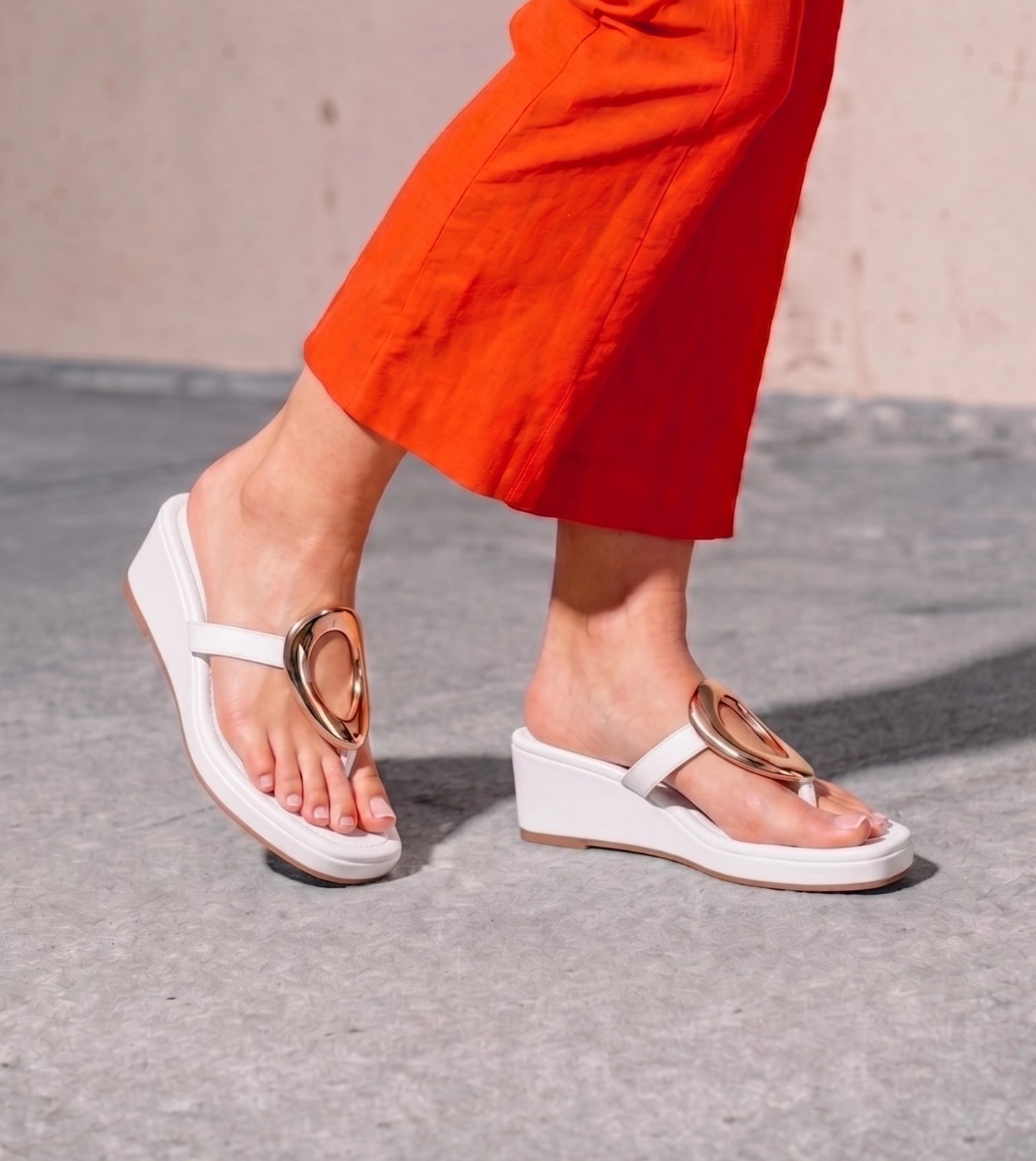 Golden Trim T-Strap Wedges - White