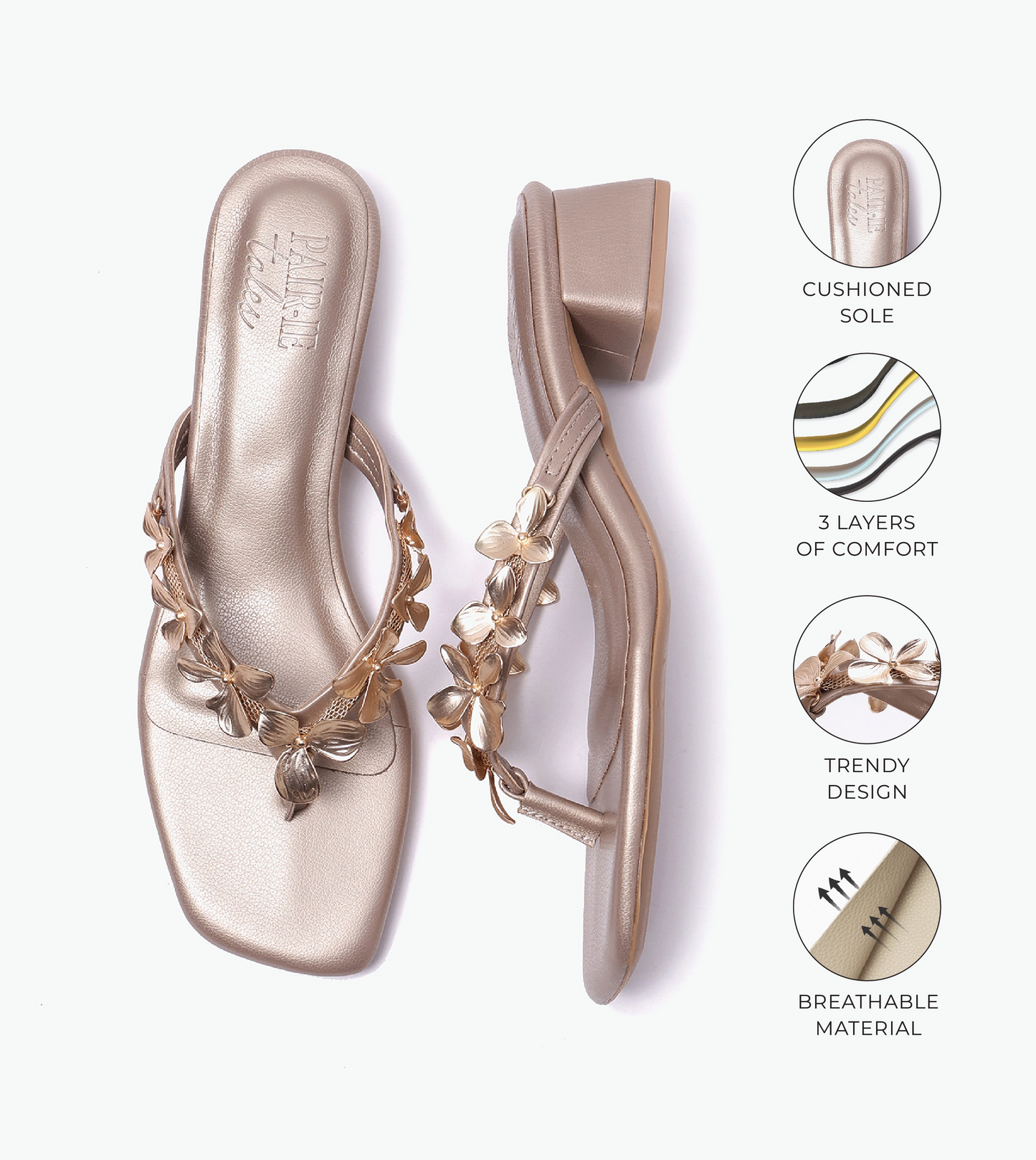 Floral Detail Block Heels Sandal - Gold