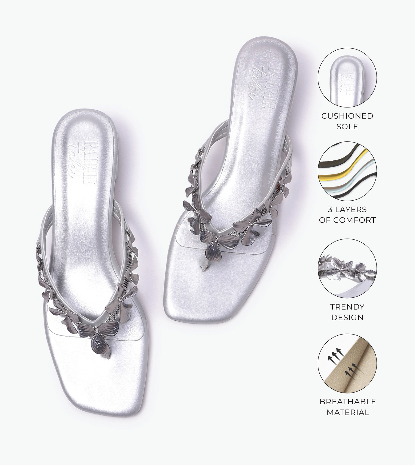 Floral Detail Block Heels Sandal - Silver