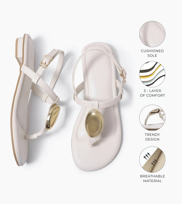 Metallic Accent T-Strap Flats - Beige