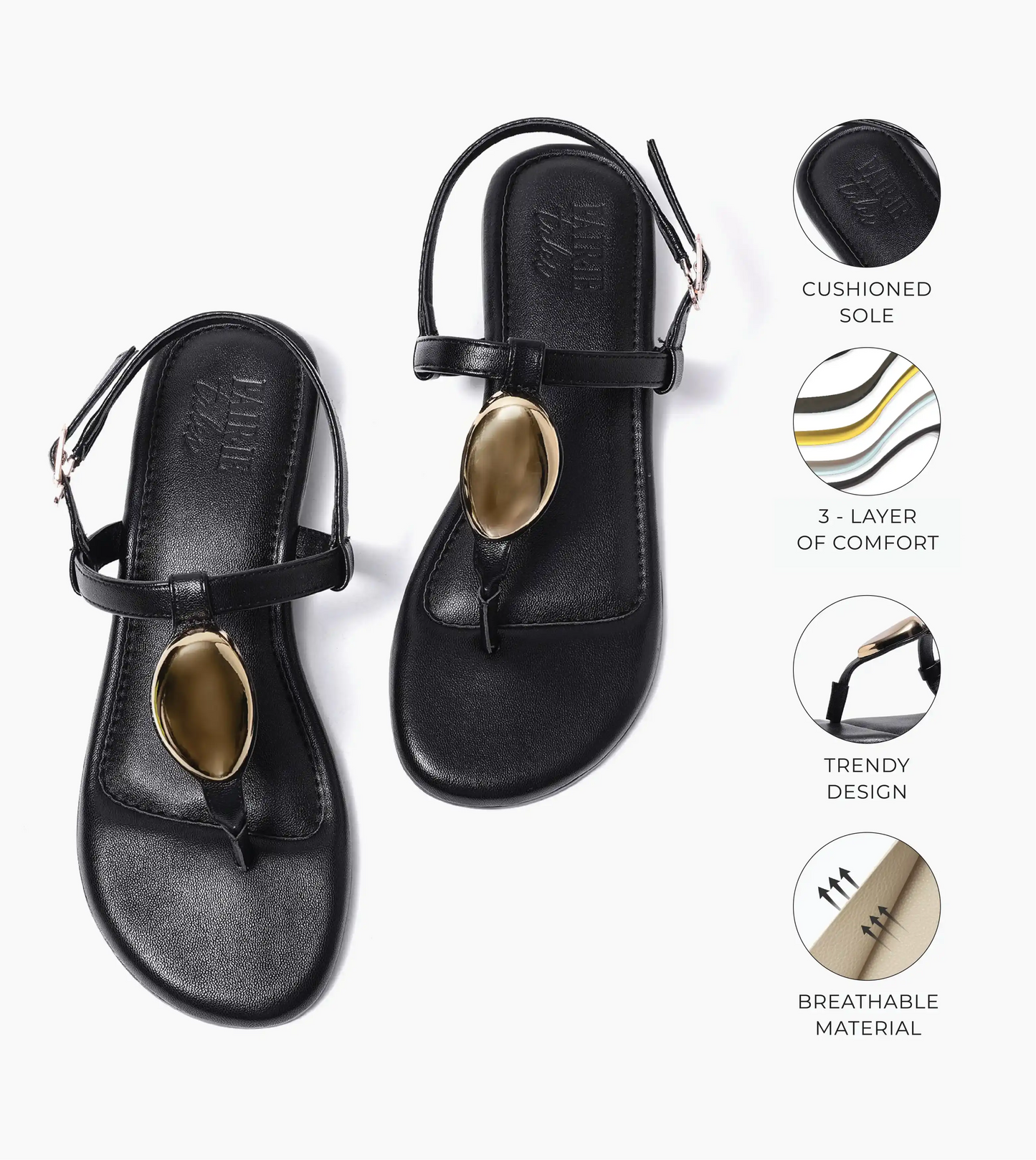 Metallic Accent T-Strap Flats - Black