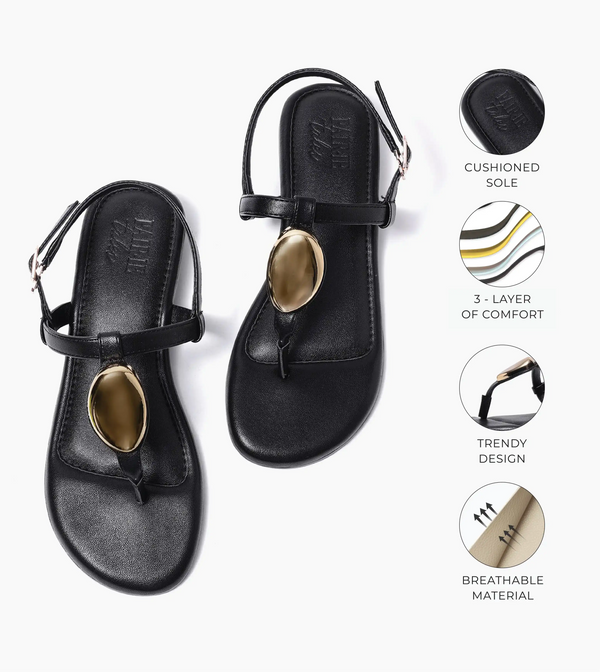 Metallic Accent T-Strap Flats - Black