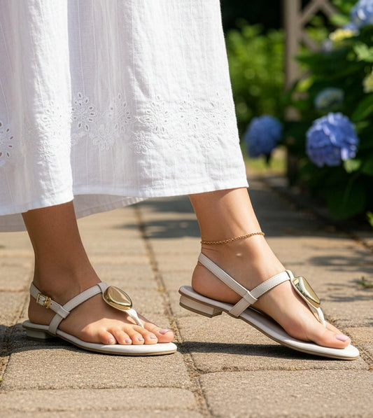 Metallic Accent T-Strap Flats - Beige