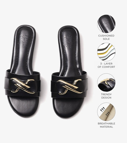 Slip-on Flats with Metallic Trim - Black