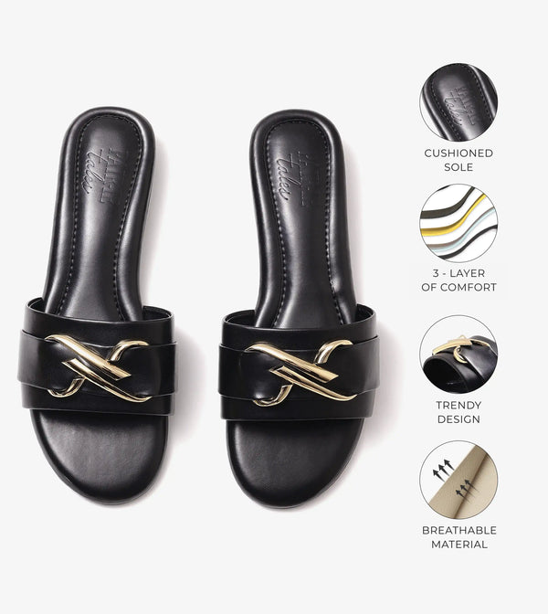 Slip-on Flats with Metallic Trim - Black