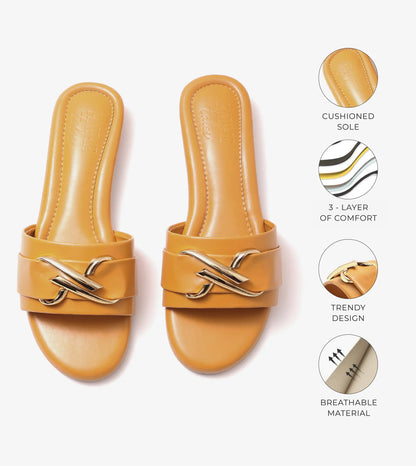 Slip-on Flats with Metallic Trim - Mustard