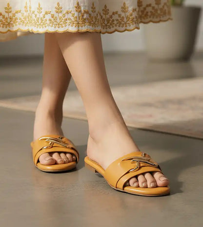 Slip-on Flats with Metallic Trim - Mustard