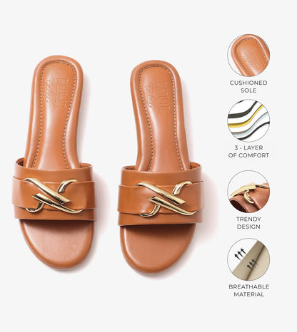 Slip-on Flats with Metallic Trim - Tan