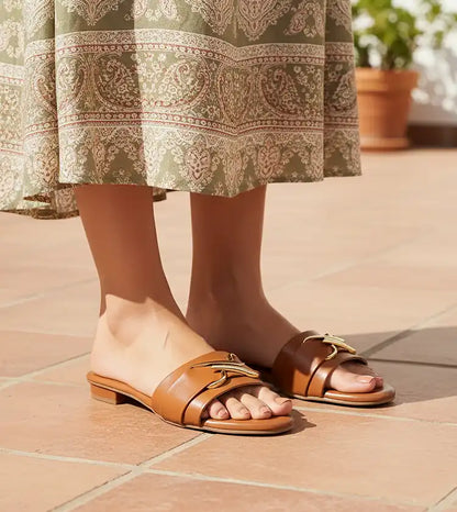 Slip-on Flats with Metallic Trim - Tan