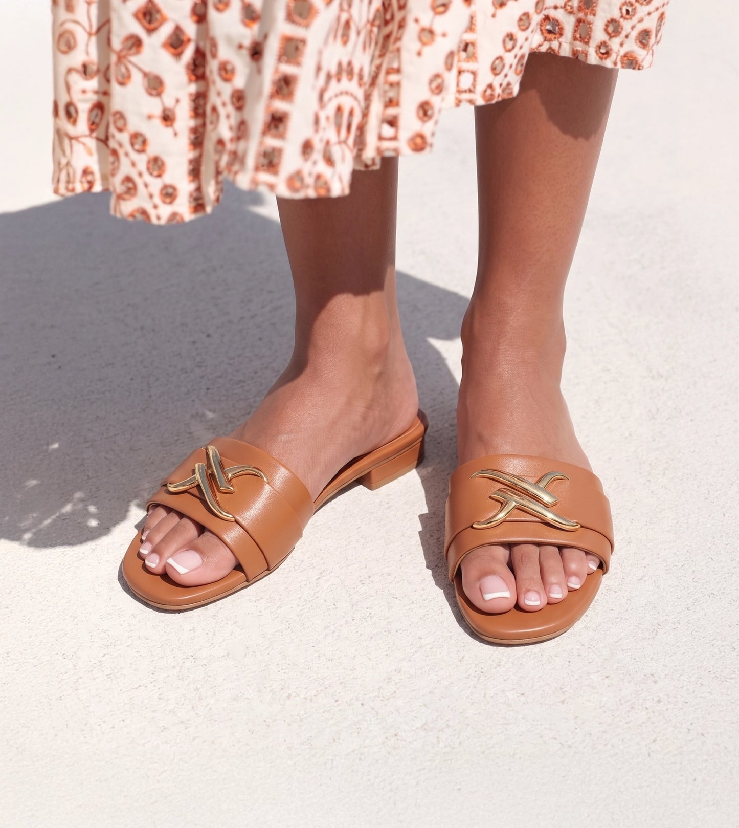 Slip-on Flats with Metallic Trim - Tan
