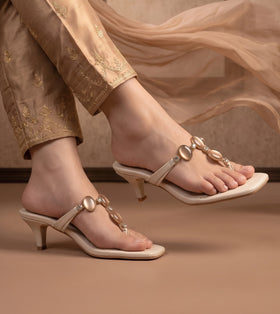 Beaded Heels Sandal - Beige