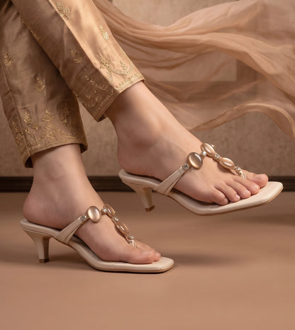 Beaded Heels Sandal - Beige