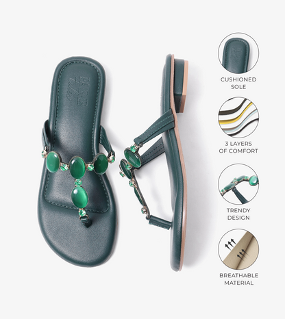 Embellished T-Strap Beaded Flats - Bottle Green