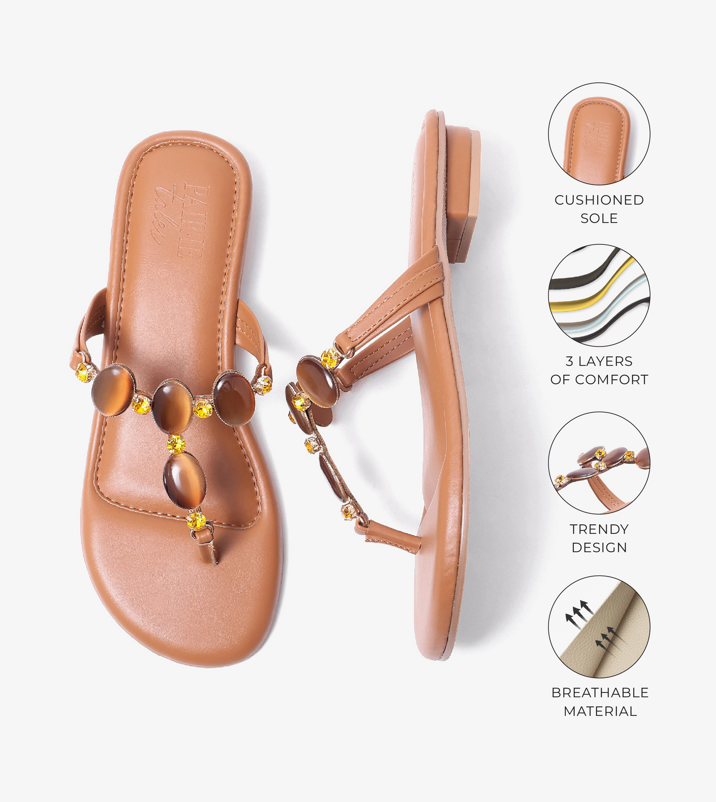 Embellished T-Strap Beaded Flats - Tan