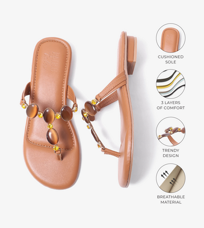 Embellished T-Strap Beaded Flats - Tan