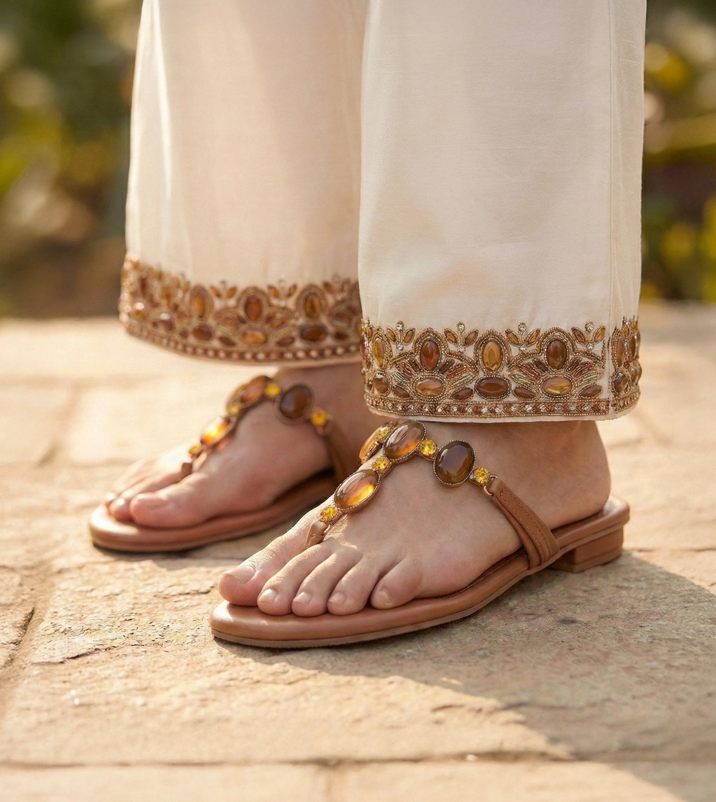 Embellished T-Strap Beaded Flats - Tan