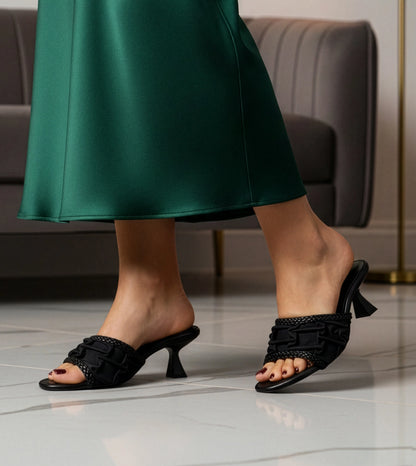 Braided Knot Strap Heels - Black