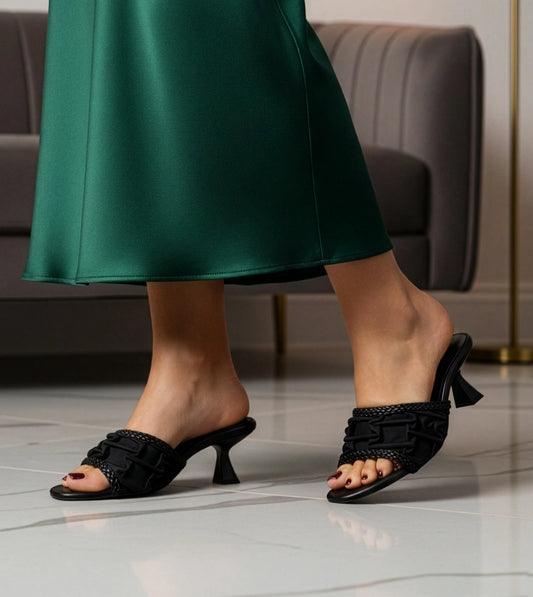 Braided Knot Strap Heels - Black