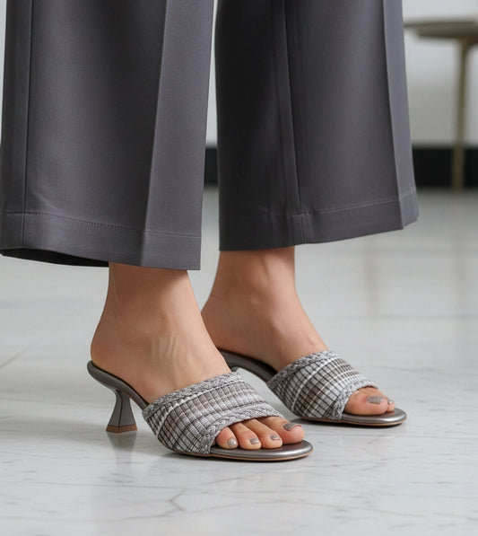 Textured Weave Kitten Heel Mules - Gunmetal