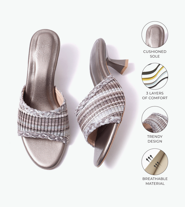 Textured Weave Kitten Heel Mules - Gunmetal