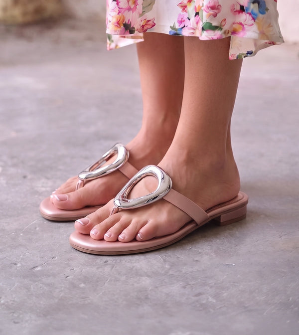Metallic Accent T-Strap Flats Sandal - Peach