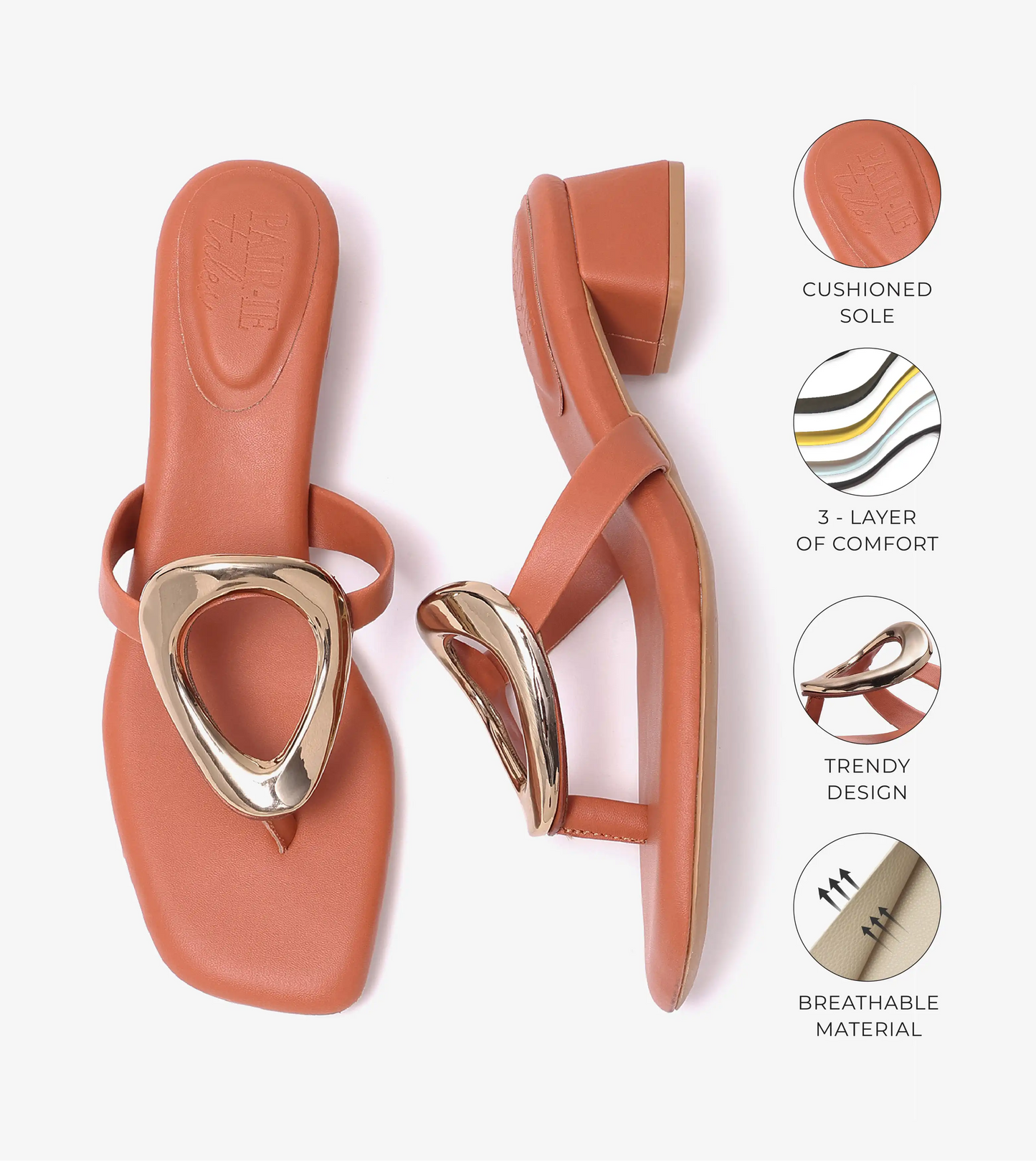 Metallic Accent T-Strap Block Heel - Tan