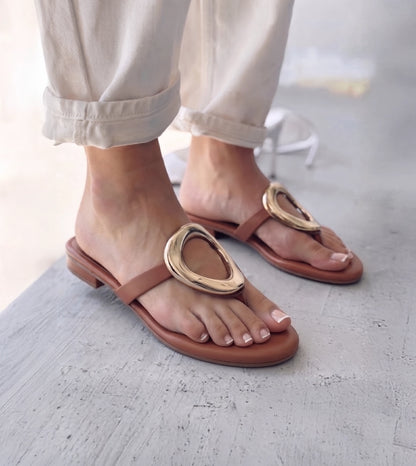 Metallic Accent T-Strap Flats Sandal - Tan
