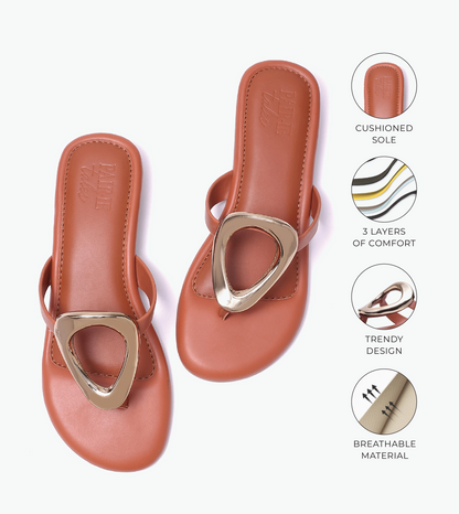 Metallic Accent T-Strap Flats Sandal - Tan