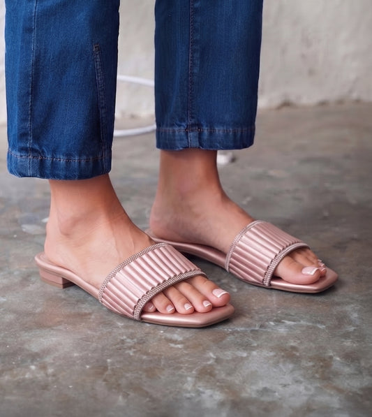 Elegant Pleated Edge Slide Flats - Rose Gold