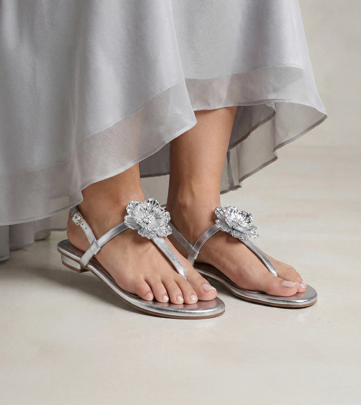 Floral Flats Sandal - Silver