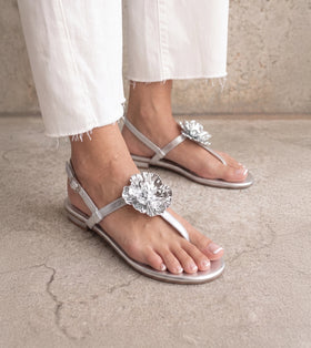 Floral Flats Sandal - Silver