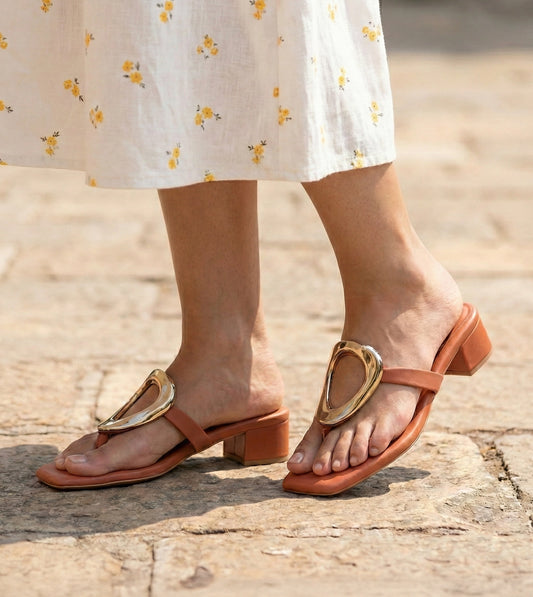 Metallic Accent T-Strap Block Heel - Tan