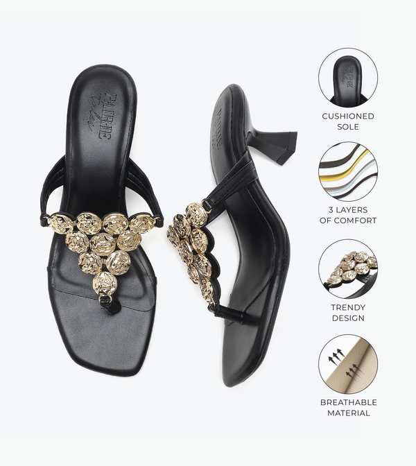 Embellished T-Strap Statement Heels - Black
