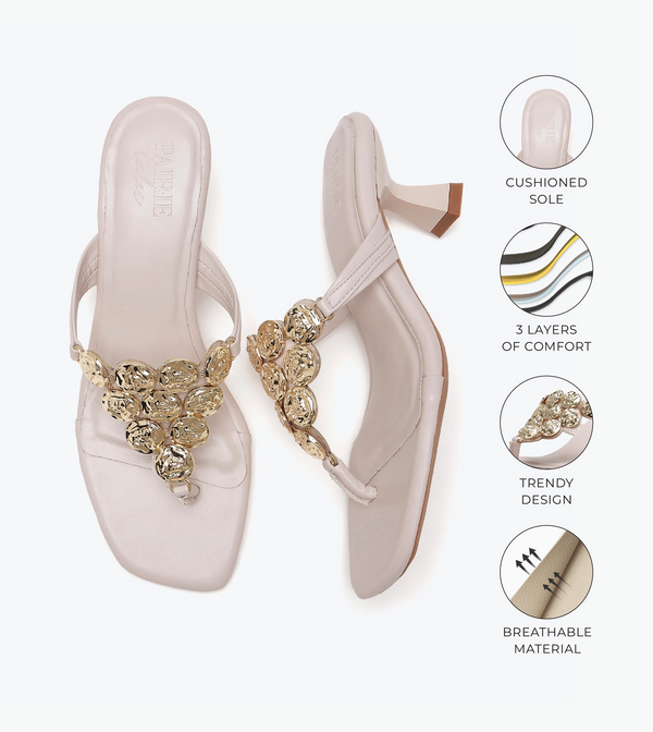 Embellished T-Strap Statement Heels - Cream