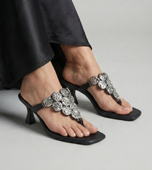 Embellished T-Strap Statement Heels - Black