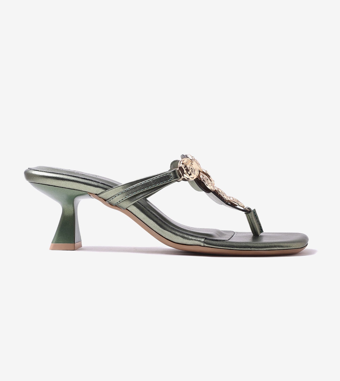 Embellished T-Strap Statement Heels - Metallic Green