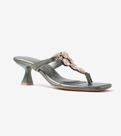 Embellished T-Strap Statement Heels - Metallic Green