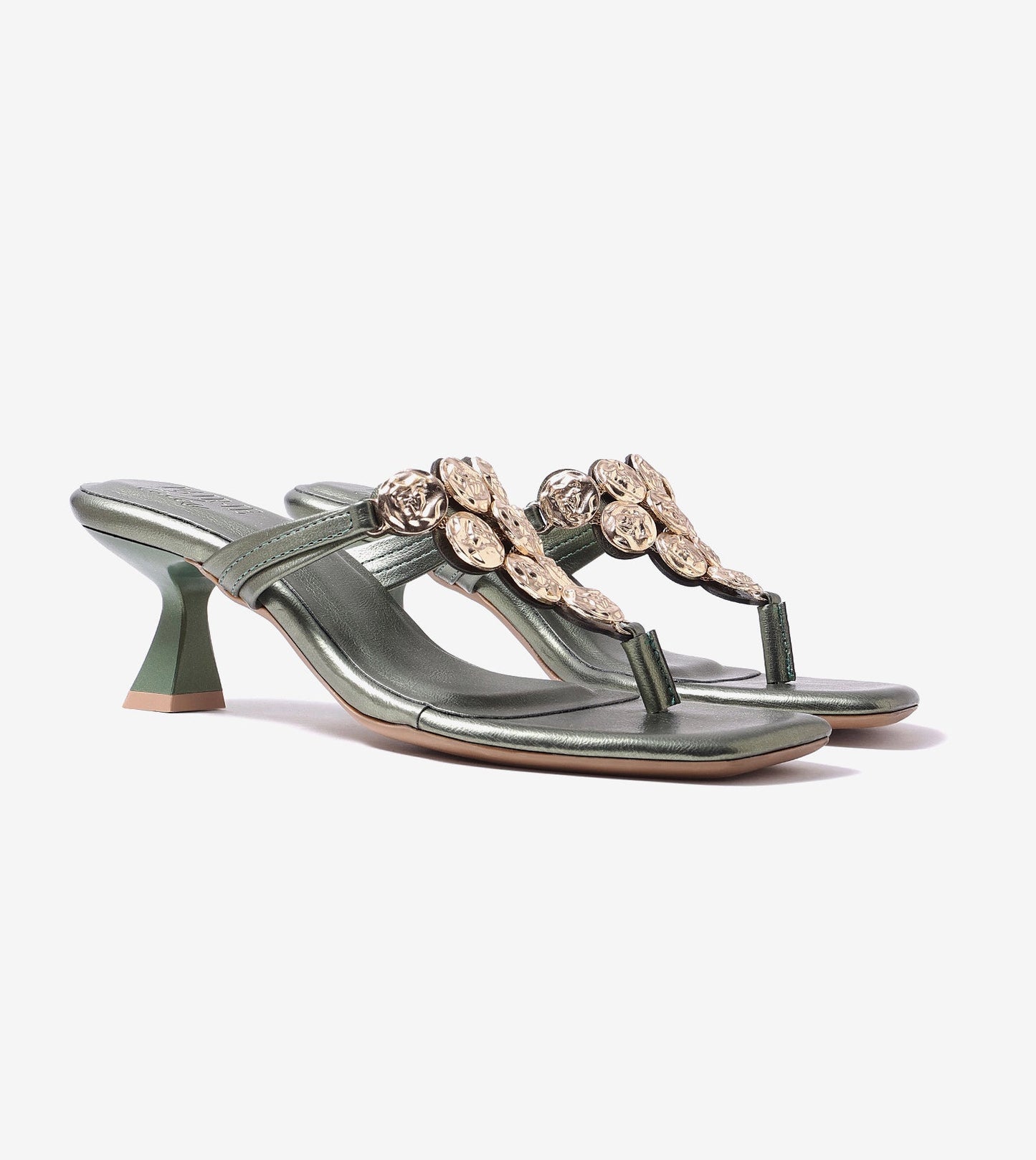 Embellished T-Strap Statement Heels - Metallic Green