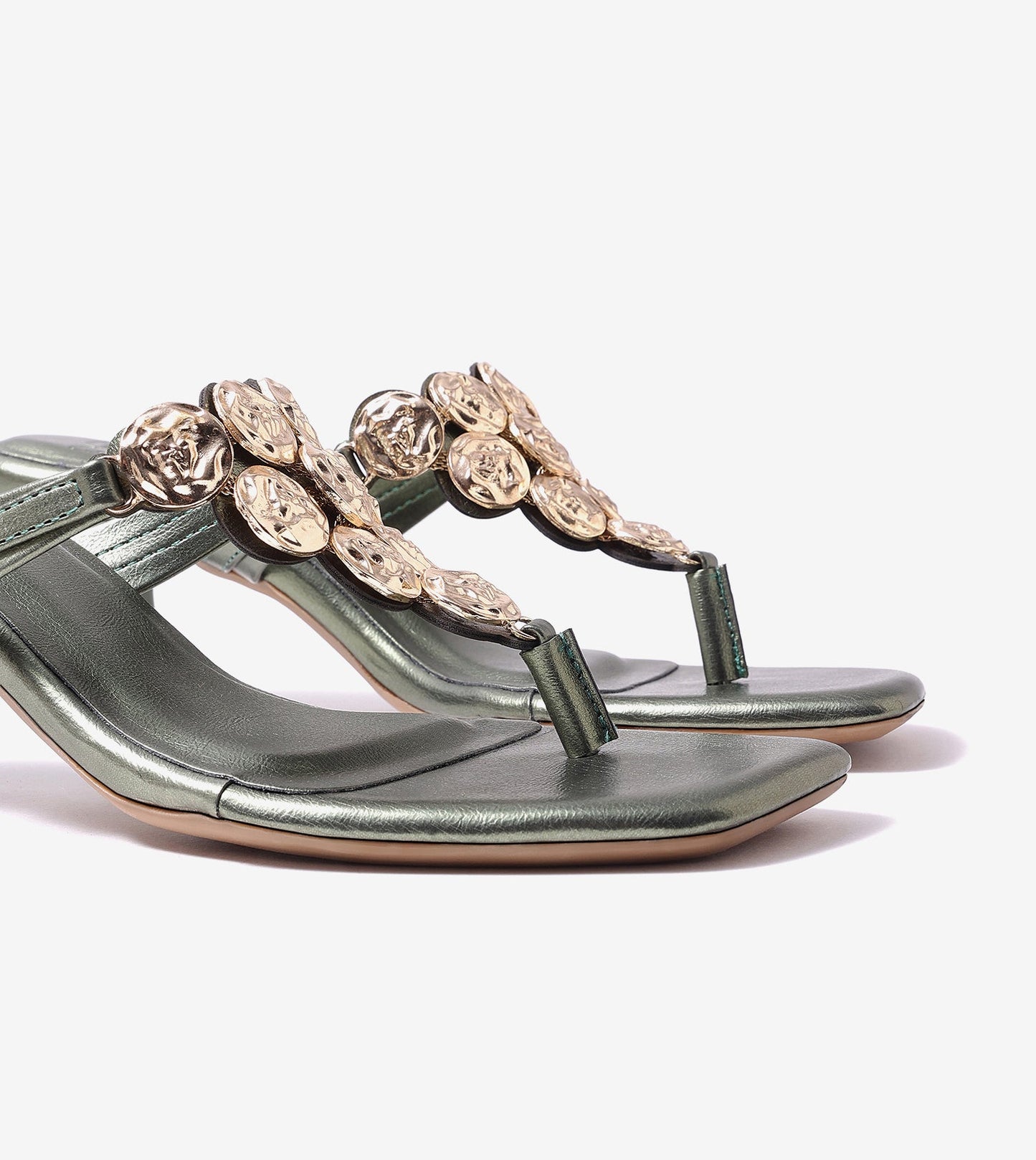 Embellished T-Strap Statement Heels - Metallic Green