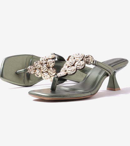 Embellished T-Strap Statement Heels - Metallic Green