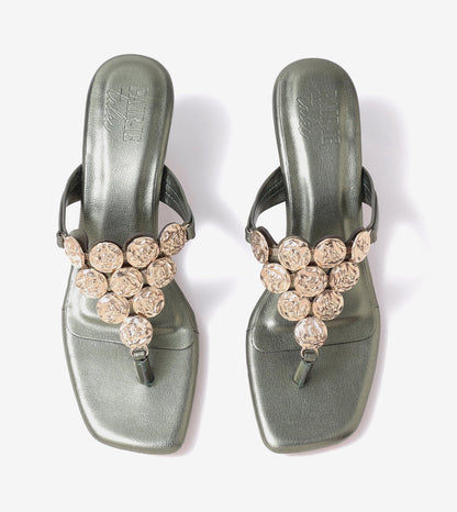 Embellished T-Strap Statement Heels - Metallic Green