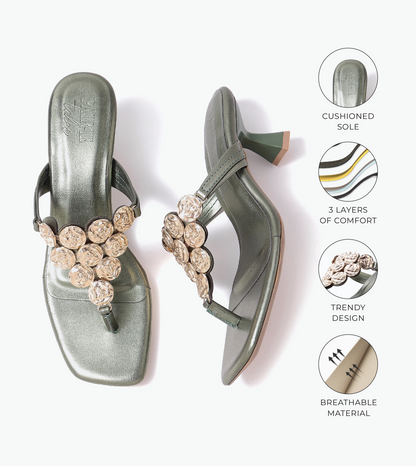 Embellished T-Strap Statement Heels - Metallic Green