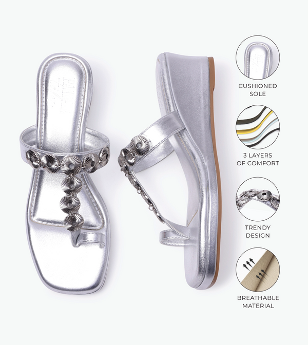Ornate Chain Wedge Sandals - Silver