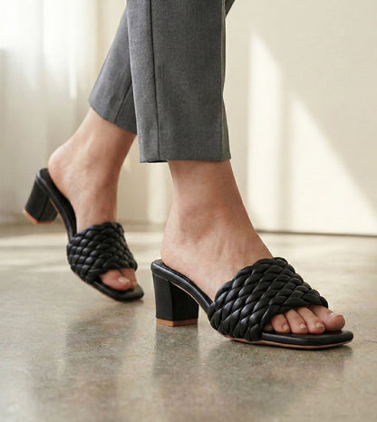 Braided Statement Block-Heel Mules - Black