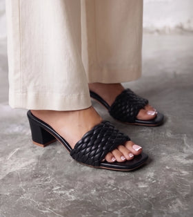 Braided Statement Block-Heel Mules - Black