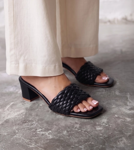 Braided Statement Block-Heel Mules - Black