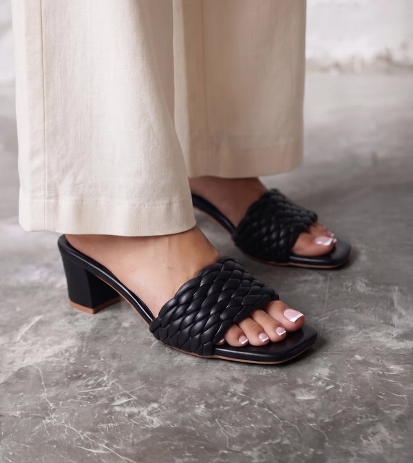 Braided Statement Block-Heel Mules - Black
