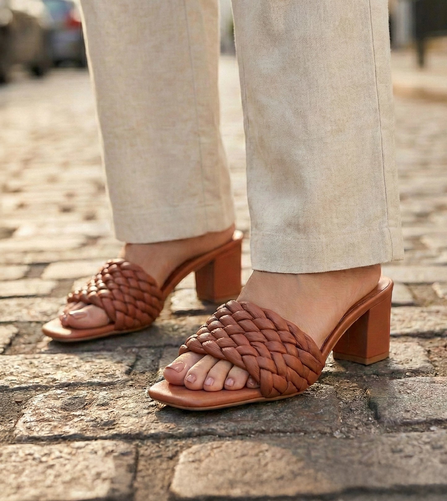 Braided Statement Block-Heel Mules - Tan