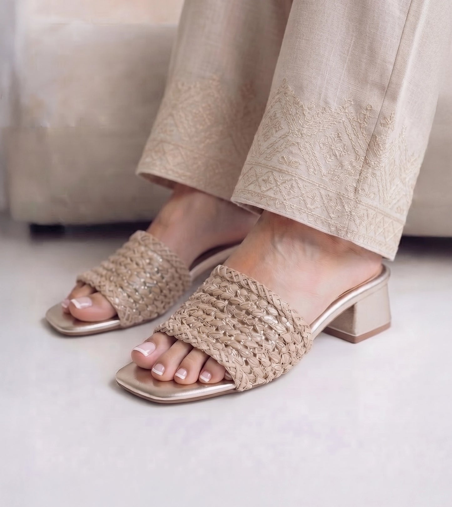 Woven Grace Block Heels - Golden