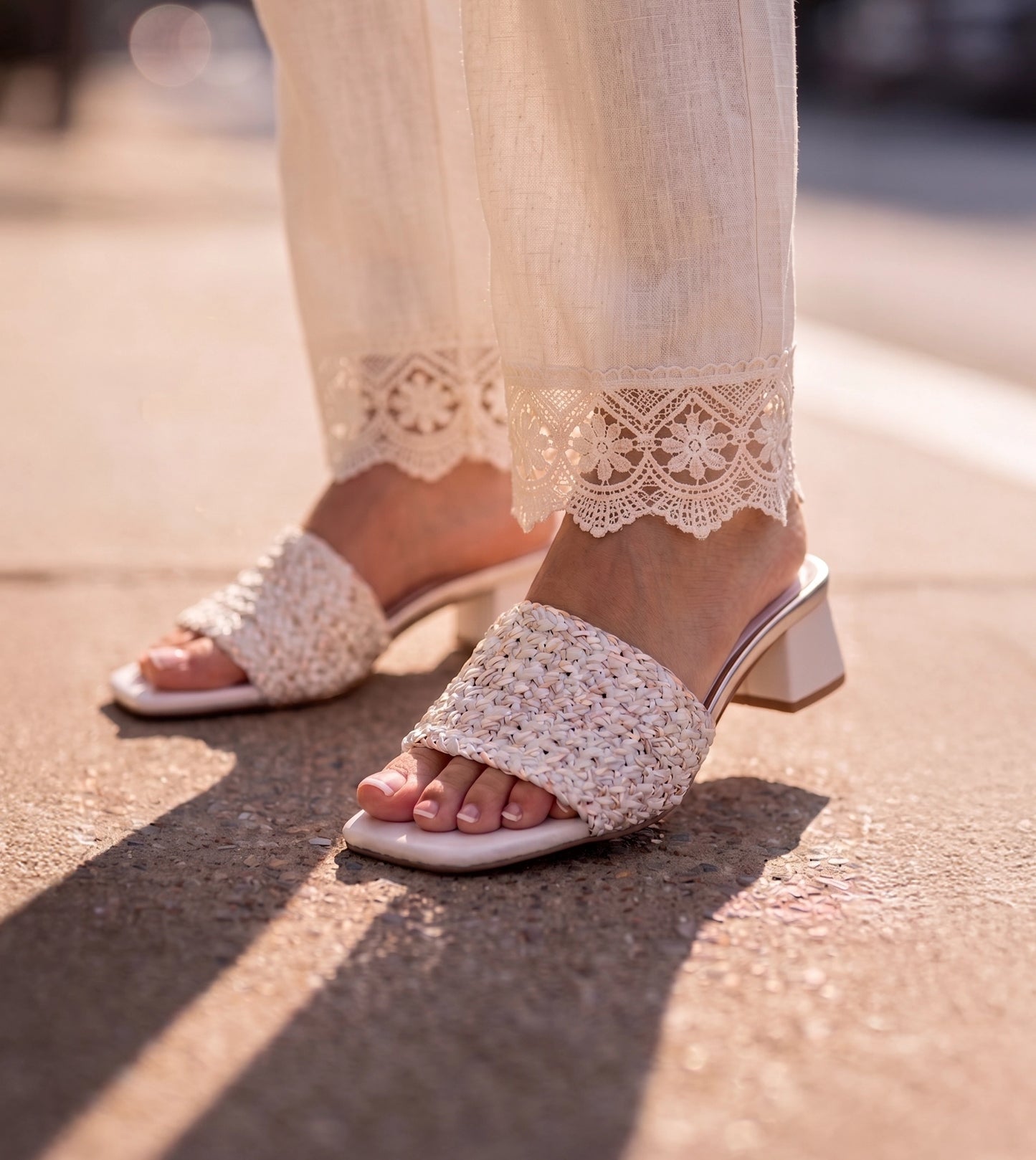 Woven Grace Block Heels - White